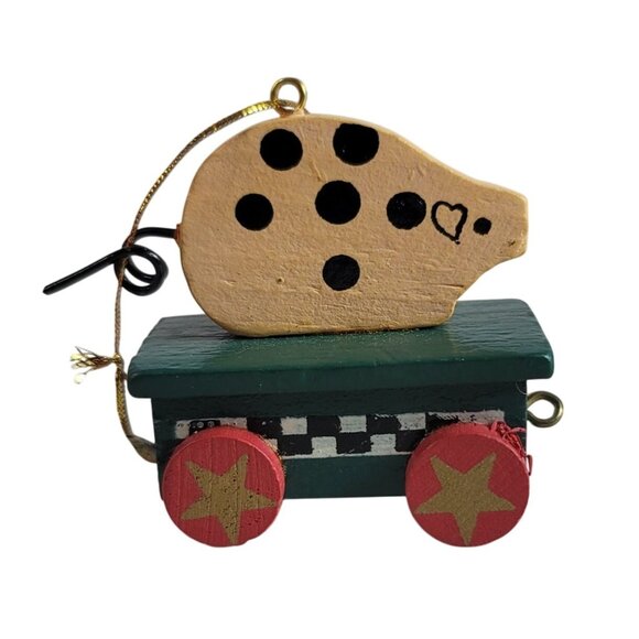 Christmas Pig Ornament 2" Wood Folk Art Farmhouse Rustic Cart Hanging - Picture 1 of 7